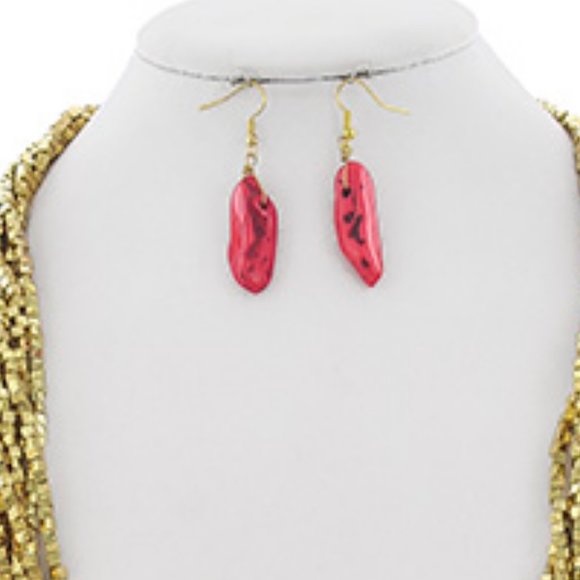 BURNISHED GOLD & CORAL MULTI STRAND Y NECK SET - Picture 2 of 3